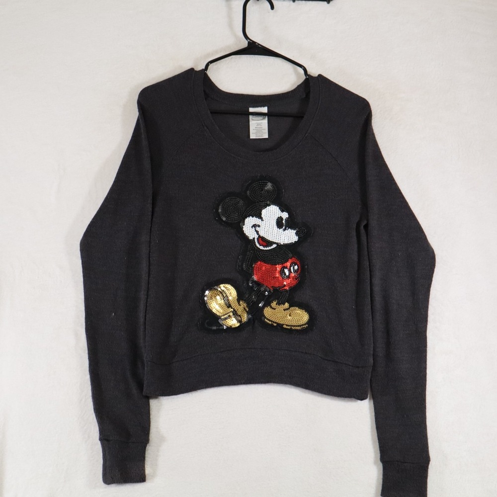 Disney Mickey Mouse Women's M Sequin Patch Crop Sweater Charcoal Gray